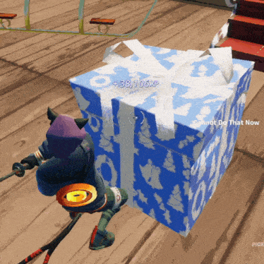 a video game character is holding a blue gift box with the number 38,106 xp on it