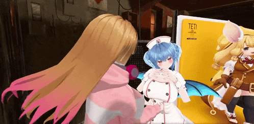 two anime girls are standing in front of a yellow sign that says teti