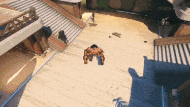 a cartoon character is standing on a wooden floor in front of a building