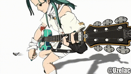 a drawing of a girl playing a guitar with the url @uzelac below her