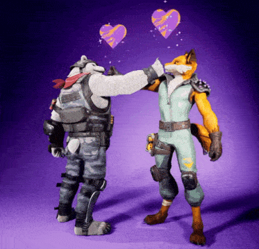 a fox and a wolf are standing next to each other with hearts floating above them