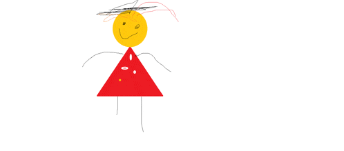 a child 's drawing of a girl with a yellow face and a red triangle skirt