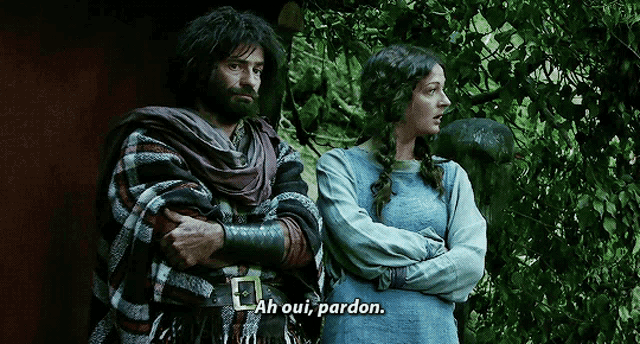 a man and a woman are standing next to each other with the man saying ah oui pardon