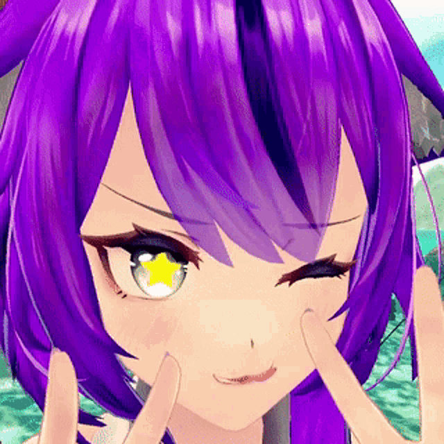 a girl with purple hair and a yellow star in her eye