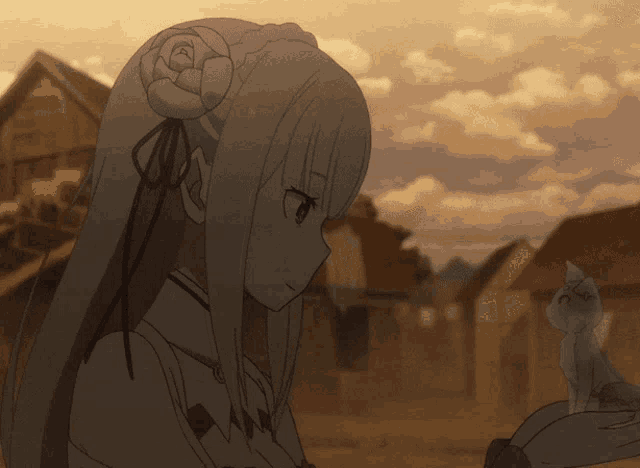 a girl with a flower in her hair is looking down at a cat