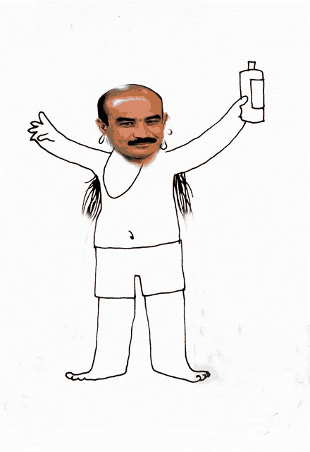 a drawing of a bald man with a mustache holding a shampoo bottle