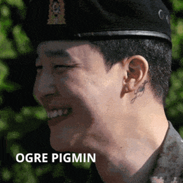 a close up of a man 's face with ogre pigmin written below him