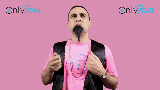 a man in a pink shirt is holding a pipe in front of a pink background with onlyfans written in blue