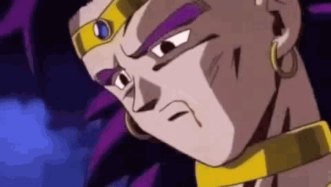 a close up of a cartoon character 's face with purple hair and a yellow collar .