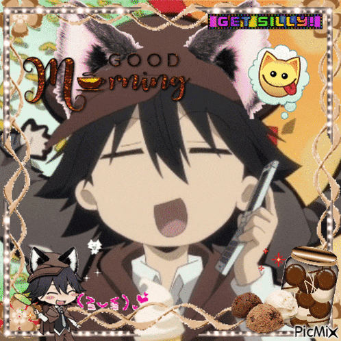 a picture of a boy with a cat ear talking on a cell phone and the words good morning