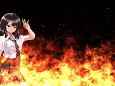 a girl in a school uniform is standing in front of a fire