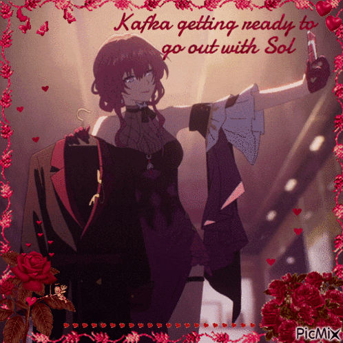 a picture of a girl with the words kafka getting ready to go out with sol on the bottom