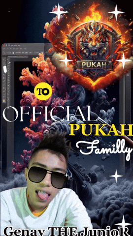a poster for official pukan family shows a man wearing sunglasses and sticking his tongue out