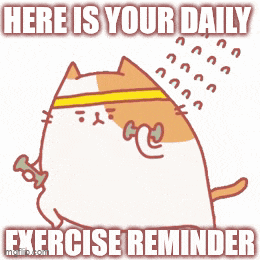 a cartoon cat is lifting a dumbbell with the words here is your daily exercise reminder