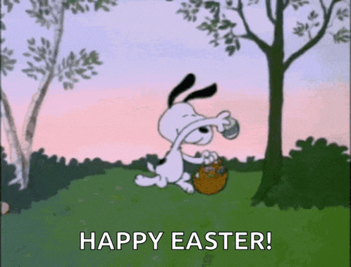 a cartoon of snoopy holding an easter egg with the words happy easter below him .