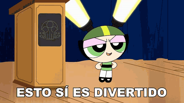 a cartoon character stands in front of a podium with the words esto si es divertido below her