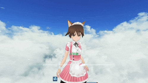 a girl in a maid outfit is standing on a cloudy sky