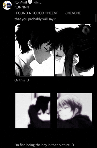 a black and white image of a boy and a girl with kon4m1 written on the top