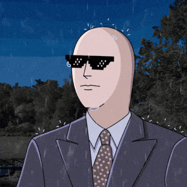 a bald man in a suit and tie is wearing sunglasses in the rain