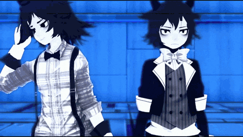 two anime characters are standing next to each other in a blue room