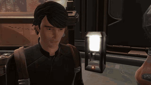 a man in a video game is standing next to an item that says e17
