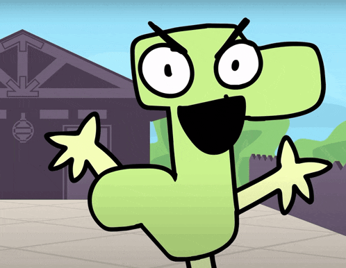 a green cartoon character with a very angry face