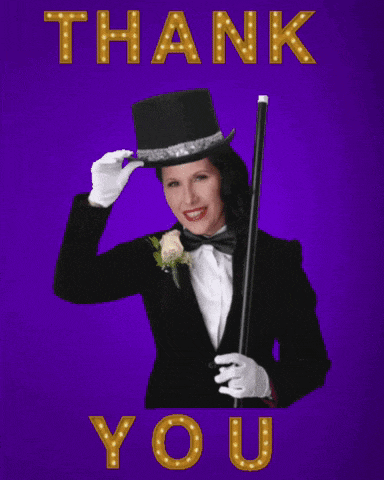 a woman in a tuxedo holding a cane and a top hat with the words thank you above her
