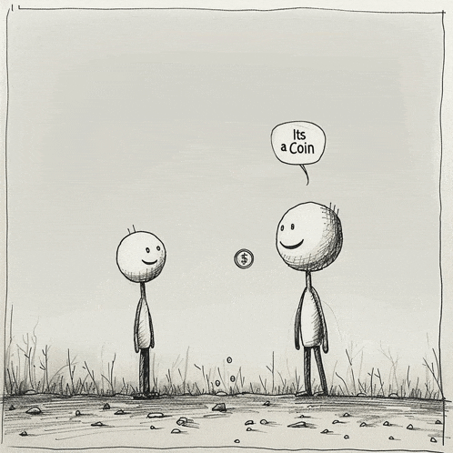 a black and white drawing of two stick figures one of whom says " it 's a coin "