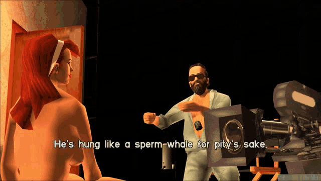 a naked woman is talking to a man in a video game where he says he 's hung like a sperm whale