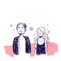 a man and a woman are standing next to each other with hearts flying in the background .