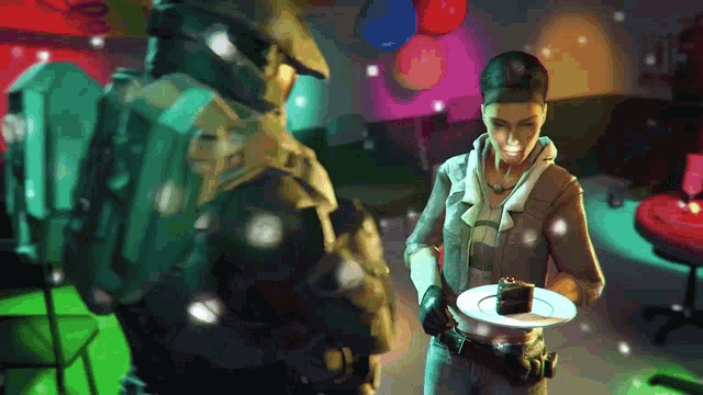 a woman holding a plate of cake stands next to a man