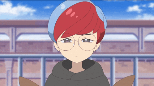 a cartoon character with red hair and glasses is wearing a blue hat
