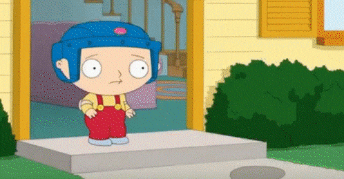a cartoon character wearing a blue helmet and red pants is standing on a porch .