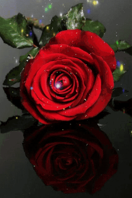 a close up of a red rose with a reflection