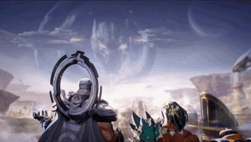 a man in a space suit stands in front of a giant robot