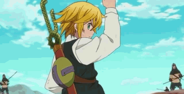 a man with a sword on his back is standing in front of a group of men with swords .