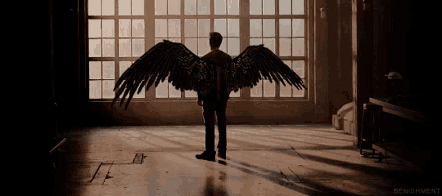 a man with large black wings is standing in front of a window with the word benishment written below him