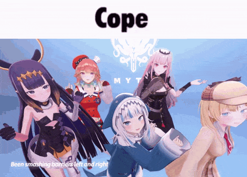 a group of anime girls standing next to each other with the caption cope