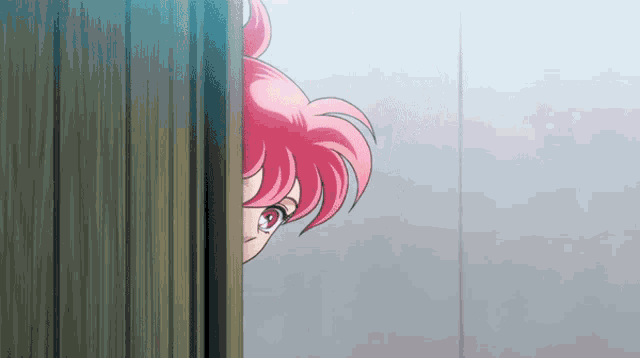 a girl with pink hair is peeking out from behind a wooden wall