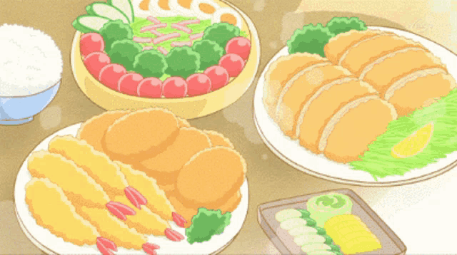 a table with plates of food and a bowl of vegetables on it