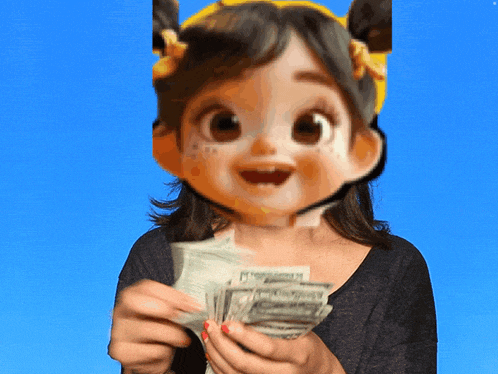 a little girl is holding a bunch of money in front of a blue background
