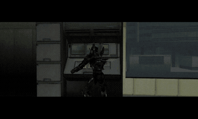 a video game character is standing in front of a machine with a green screen