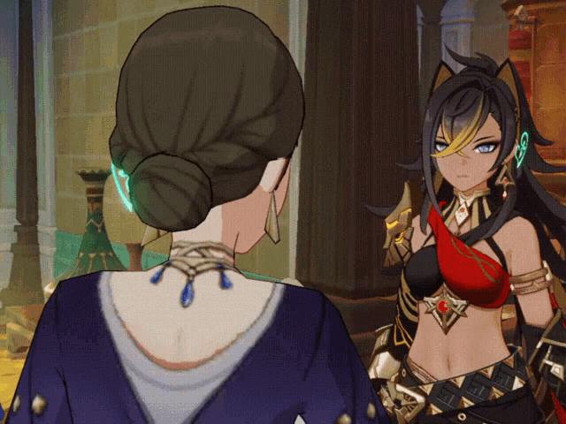 a woman in a bun stands next to a woman with a cat ear in a video game