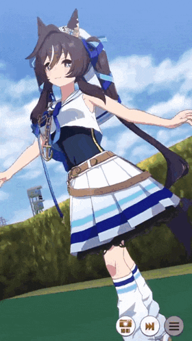 a girl in a blue and white striped dress is dancing in a video game