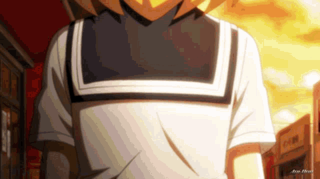a close up of a person wearing a sailor collared shirt