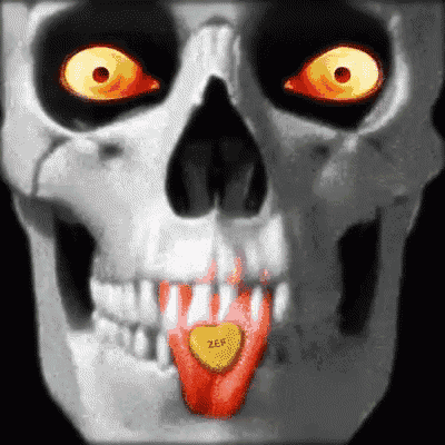 a skull with glowing eyes and a heart in its tongue that says zef