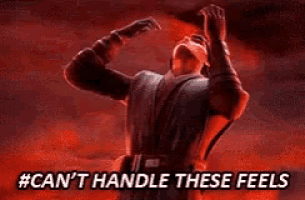 a man is looking up at the sky with the words " can 't handle these feels " below him