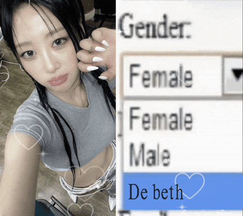 a picture of a woman next to a screen that says gender female male de beth