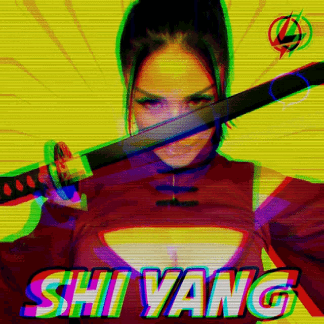 a woman is holding a sword in front of her face and the name shi yang is visible