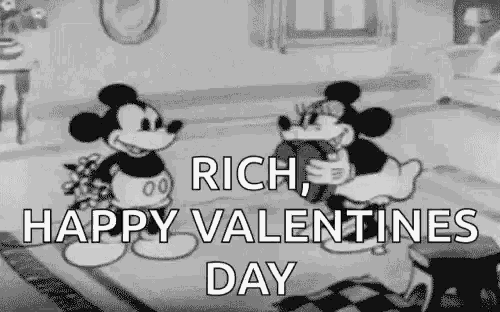 mickey mouse and minnie mouse are hugging each other in a black and white cartoon and wishing happy valentine 's day .